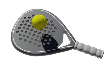 Racchetta da Padel con palla, su sfondo bianco. Illustrazione 3d