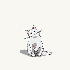 Cartoon inspired color pet portrait illustration hand drawn long hair white cat design with head tilt whiskers and shadow