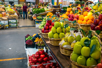 Green Market in Baku. Fresh fruit and vegetables at a traditional food bazaar. Baku, Azerbaijan. 