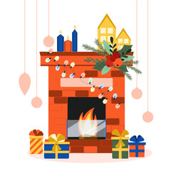 Christmas fireplace. Holiday decorating template. Vector illustration.