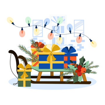 Christmas background with a sled, fir branches and a gift. Merry Christmas illustration.  