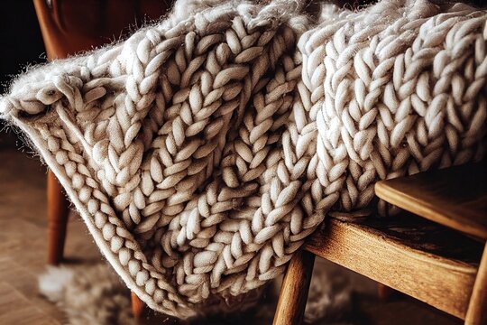 Chunky Knit Hygge Beige Blanket Throw Over A Chair