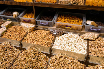 Eastern Bazaar. Nuts, Spices and Sweets. Traditional Azerbaijani Cuisine Ingredients. Dried fruit...