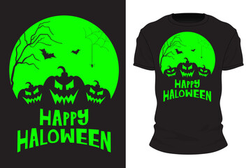 Happy Halloween t-shirt design with pumpkins and bats