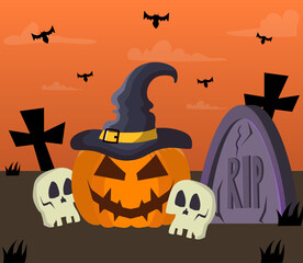 pumpkin wearing witch hat with grave, bats and skulls
