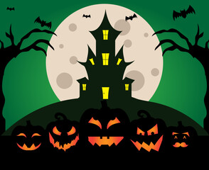 Scary pumpkins with witch Halloween house on full moon