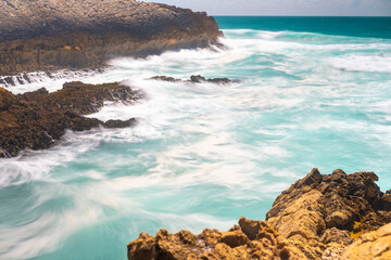 Atlantic ocean. Stormy summer day Big sea wave on rocky beach. Beaty in nature. Dramatic sea view