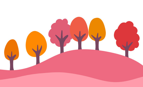 Paisaje otoñal naif con árboles de colores planos naranjas, rosados y rojizos sobre colinas ondulantes de colores cálidos y fondo transparente 