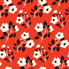 Seamless floral pattern, vintage botanical print with decorative art plants. Elegant flower design with hand drawn wild plants: white flowers branches, leaves on a red background. Vector illustration.