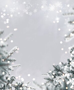 Winter frame with fir tree branches and snow with copy space for design on gray background 