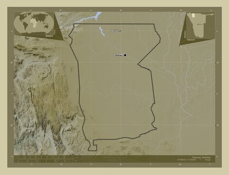 Omusati, Namibia. Labelled points of cities
