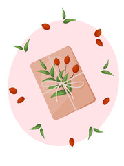 A gift in a paper wrapper, decorated with a branch with green leaves and red berries. Vector illustration