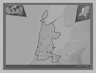 Noord-Holland, Netherlands. Grayscale. Labelled points of cities