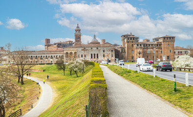 The famous cityscape of Mantua from the bridge over the Mincio