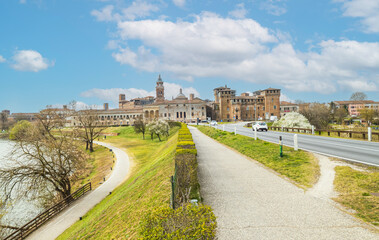 The famous cityscape of Mantua from the bridge over the Mincio