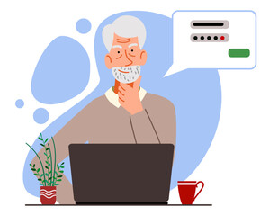 The concept of an elderly person thinking on a laptop. The old man forgot his password and account login for the web page. Vector illustration in a flat style.