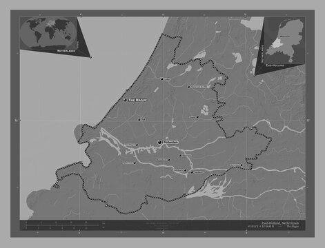 Zuid-Holland, Netherlands. Bilevel. Labelled points of cities