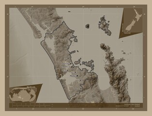 Auckland, New Zealand. Sepia. Labelled points of cities