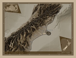 Canterbury, New Zealand. Sepia. Labelled points of cities
