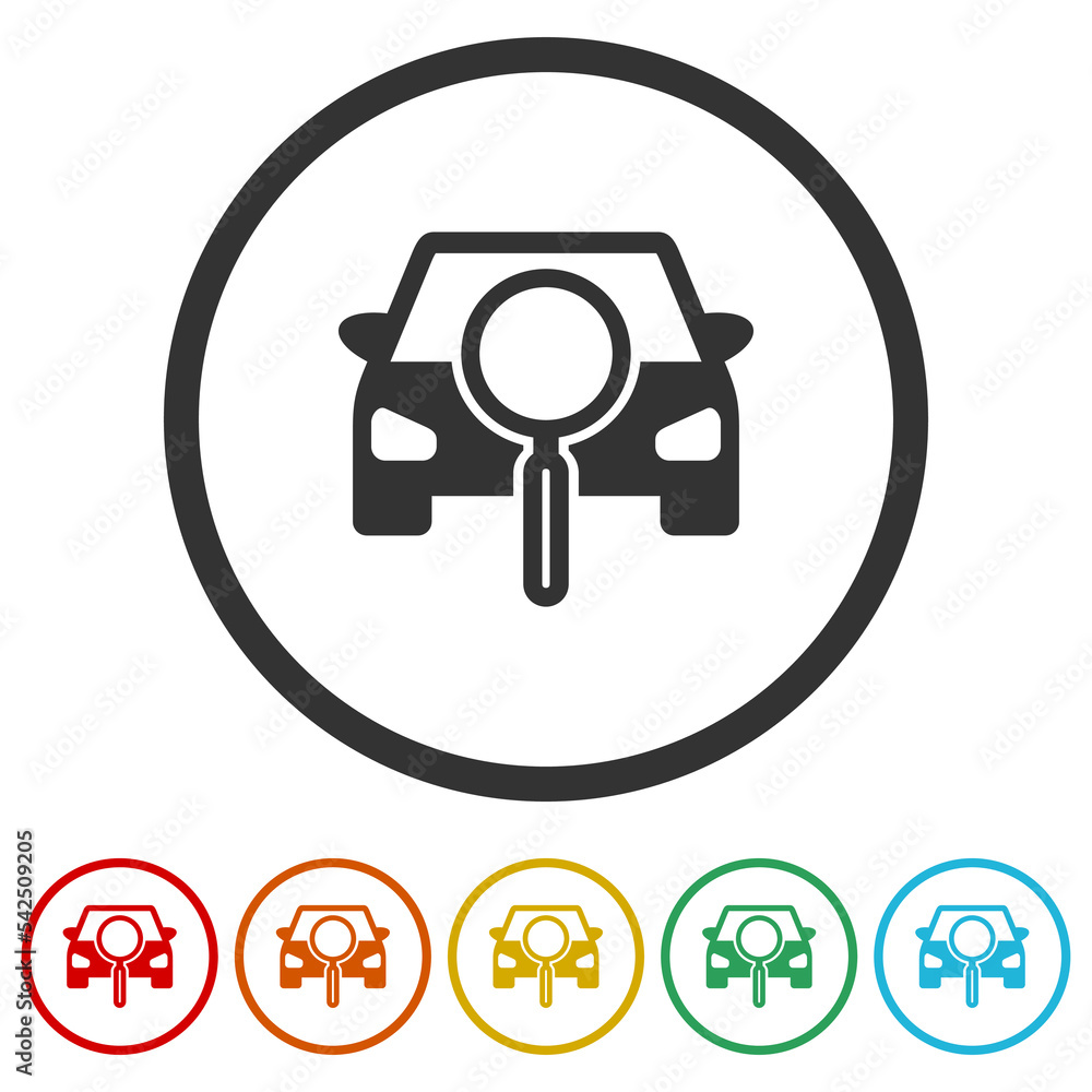 Poster car search icon. set icons in color circle buttons