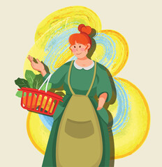 vector illustration of a red-haired girl in a dress, holding a basket of groceries, went to the store and buys groceries, the girl is wearing a green dress, on the background of watercolor elements