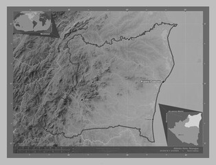 Atlantico Norte, Nicaragua. Grayscale. Labelled points of cities