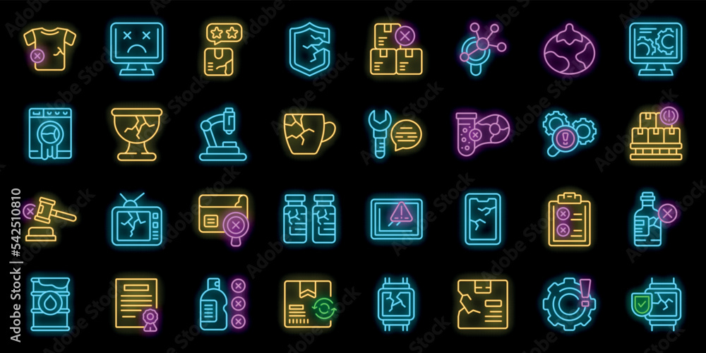 Poster defective product icons set outline vector. container defect. analysis certification neon color on b