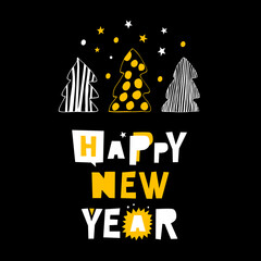 Happy new year. Decorative greeting card with spruces. Vector design template - 542511012