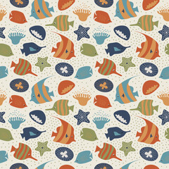 Seamless background with cute fishes, jellyfishes. Decorative marine texture. Pattern with sea creatures, corals