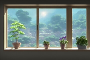 a window view of sky with green plant on window sill. indoor scene, cartoon, hand drawn, illustration, background.