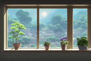 Fototapeta premium a window view of sky with green plant on window sill. indoor scene, cartoon, hand drawn, illustration, background.