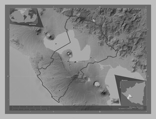 Managua, Nicaragua. Grayscale. Labelled points of cities