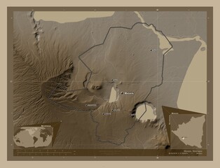 Masaya, Nicaragua. Sepia. Labelled points of cities
