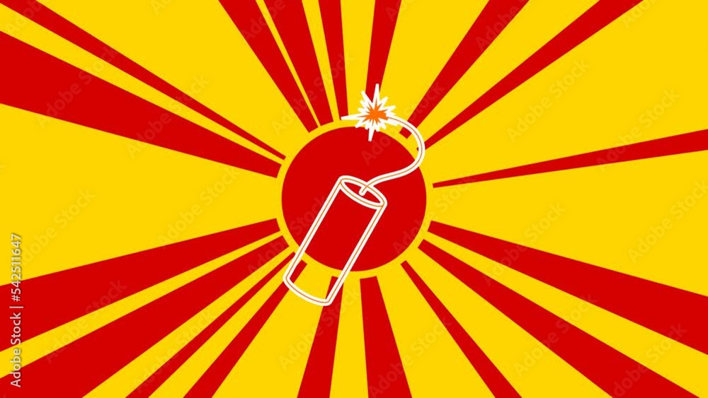 Poster Dynamite symbol on the background of animation from moving rays of the sun. Large orange symbol increases slightly. Seamless looped 4k animation on yellow background