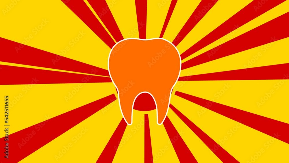 Poster tooth symbol on the background of animation from moving rays of the sun. large orange symbol increas