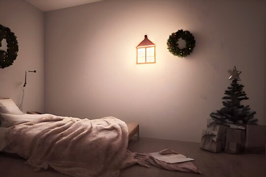 a warm christmas decorative indoor house full of gift and christmas tree. rendering, illustration, holiday, festival.