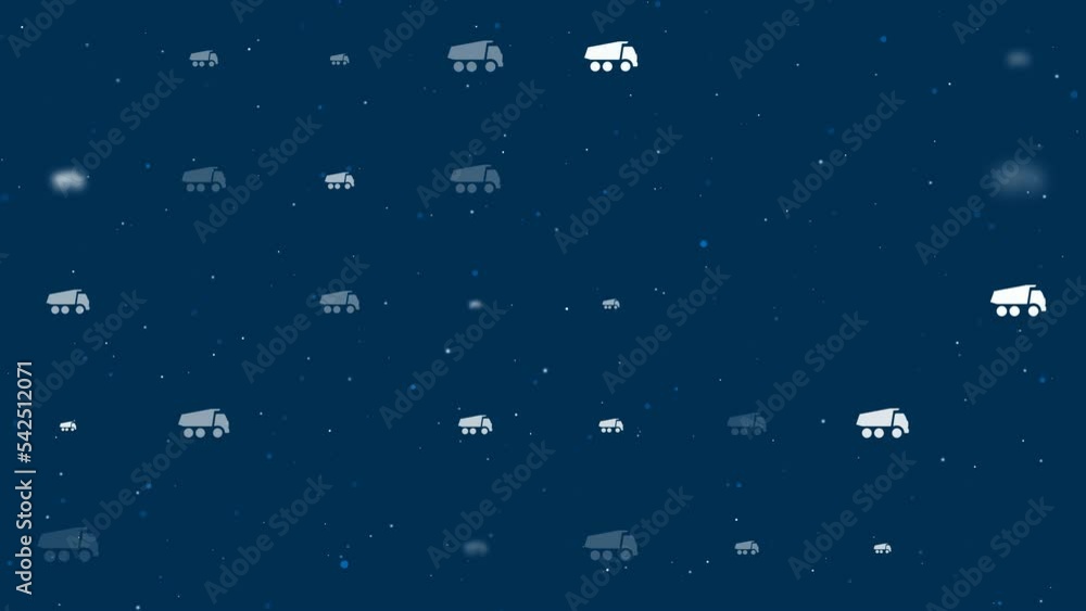 Poster template animation of evenly spaced truck symbols of different sizes and opacity. animation of trans