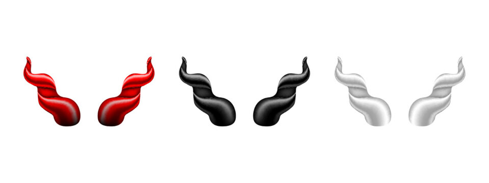 Devil horn set. Black, red and white demon or satan Halloween carnival elements.