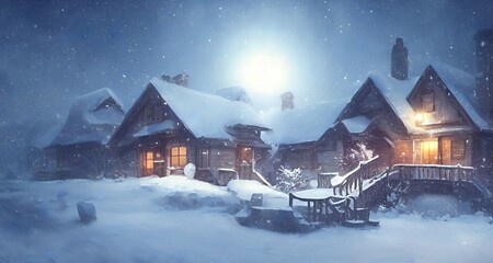 a christmas log cabin in winter heavy snow. winter festival background. cartoon, hand drawn, illustration.