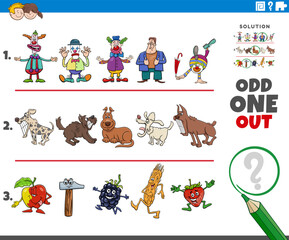 odd one out game with cartoon animal and object characters