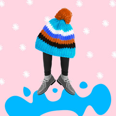 Contemporary digital collage art. Fall winter concept. Winter season creative ideas. hat with...