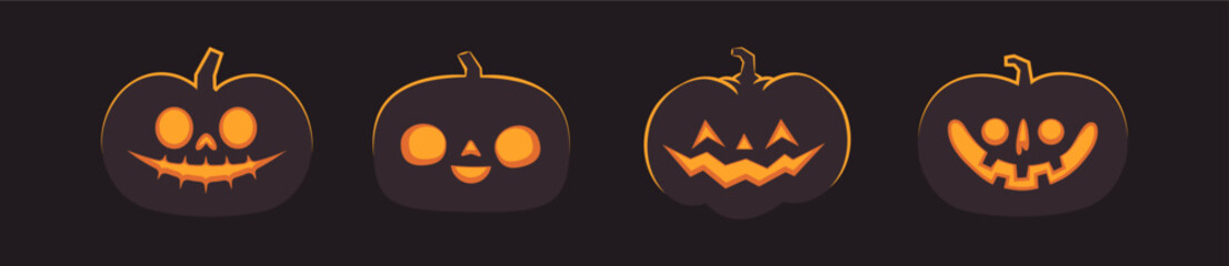 Set of carved halloween pumpkins. Jack o Lantern glowing inside with smile for your design for the holiday. Cute and fun vector illustration.