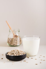 Organic sunflower milk in a glass and seeds in a bowl on the table. Dairy-free alternative. Vertical
