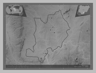 Ebonyi, Nigeria. Grayscale. Labelled points of cities