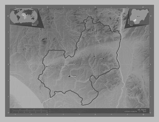 Edo, Nigeria. Grayscale. Labelled points of cities