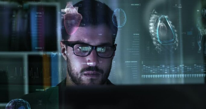 Man Graphic User Interface to Check Patient Information at Night in Office. VR, AR. Young Caucasian Male Using Computer With Holographic Animated Medical MRI, 3D Models and Patient Data. 
