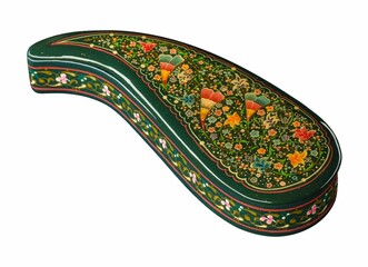 Closeup of a casket with an artistic painting on a white background. Central Asia, Uzbekistan