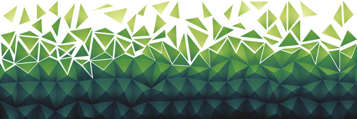 Abstract mosaic triangles breaking apart. Green gradient seamless background. Geometric bottom border. Horizontal panoramic vector illustration. Repeatable graphic.