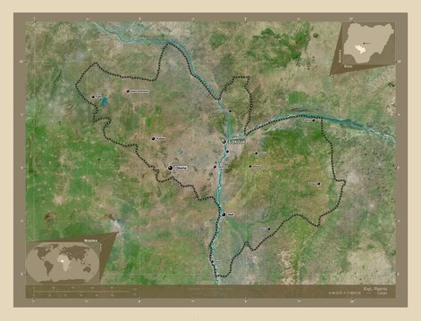 Kogi, Nigeria. High-res satellite. Labelled points of cities