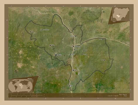 Kogi, Nigeria. Low-res satellite. Labelled points of cities